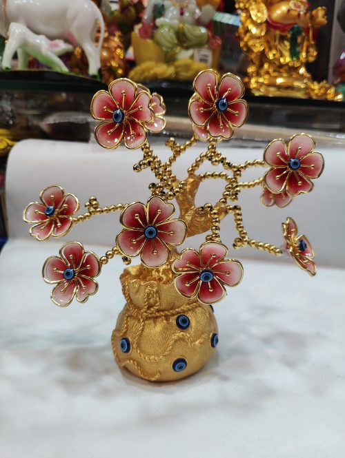 Evil Eye Flower Tree with Golden Lucky Bag - Resin Pink